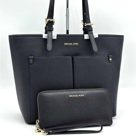 Michael Kors Jet Set Medium Pocket Tote Bag & Continental Wallet Wristlet Black - Picture 1 of 13